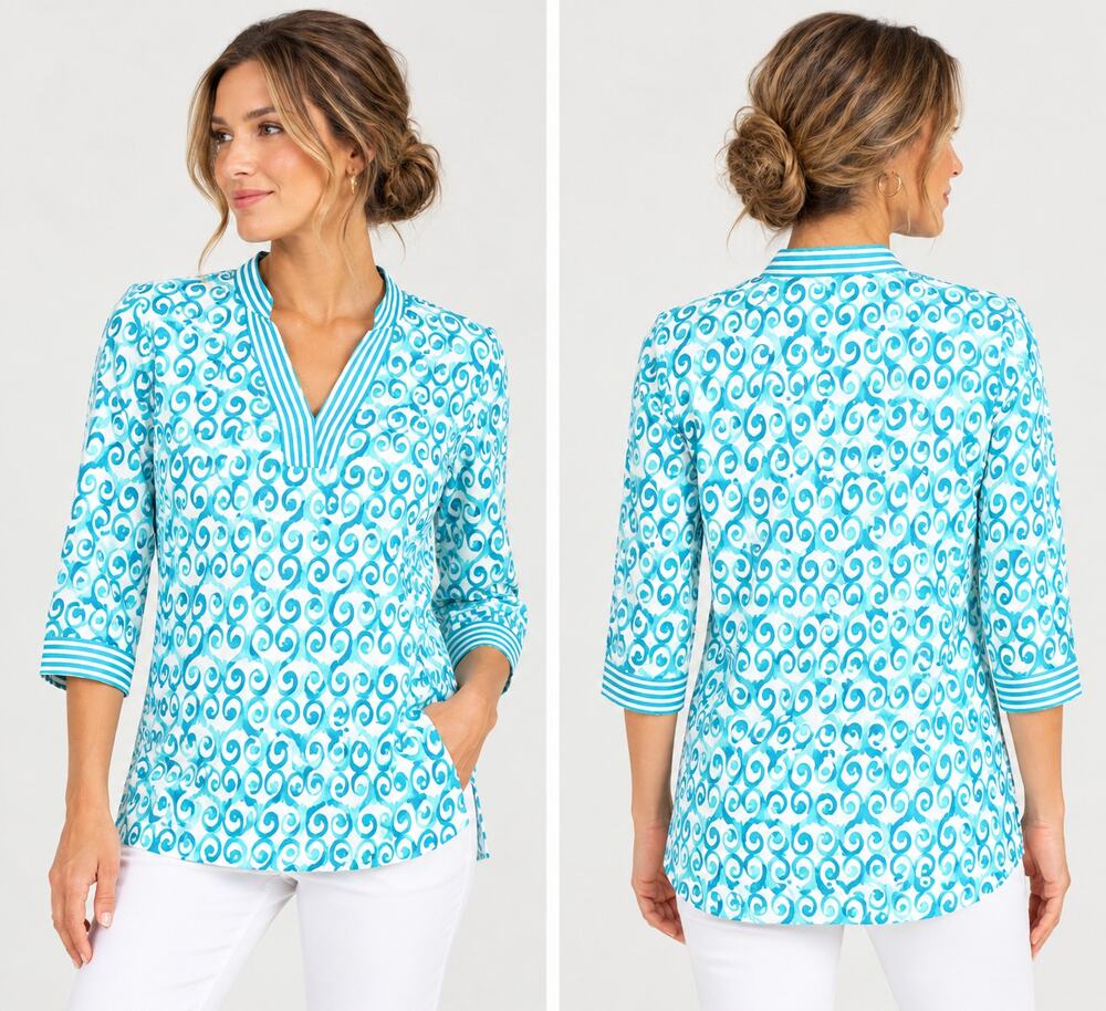 Foxcroft Womens 10 Blue White Cotton Tunic Blouse Wrinkle Free Coastal Chic